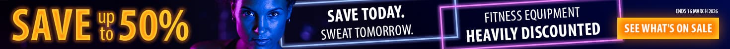 Ad banner with neon colours on a dark background. In the middle is a person holding a dumbbell. To their left and right, texts read: "Sweat today. Save tomorrow. Fitness equipment heavily discounted. Save up to 50%. Ends 16 March 2026. See what's on sale."