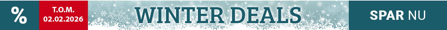 Vinterligt reklamebanner med snefnug i baggrunden. I midten står teksten “Winter Deals” efterfulgt af budskabet “Op til 35 % rabat på fitnessudstyr af høj kvalitet”. Øverst til venstre er datoen “Til og med 02.02.2026” fremhævet i rødt. Nederst i banneret vises et felt med teksten “Spar nu”.
