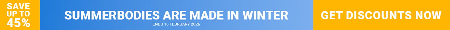 Ad banner shows a person in athletic wear on a treadmill in a cosy living area on the right side, and on the left in large letters the text: Summer bodies are made in winter. Up to 45% discounts on top fitness equipment. Save now. Ends 16 February 2026.